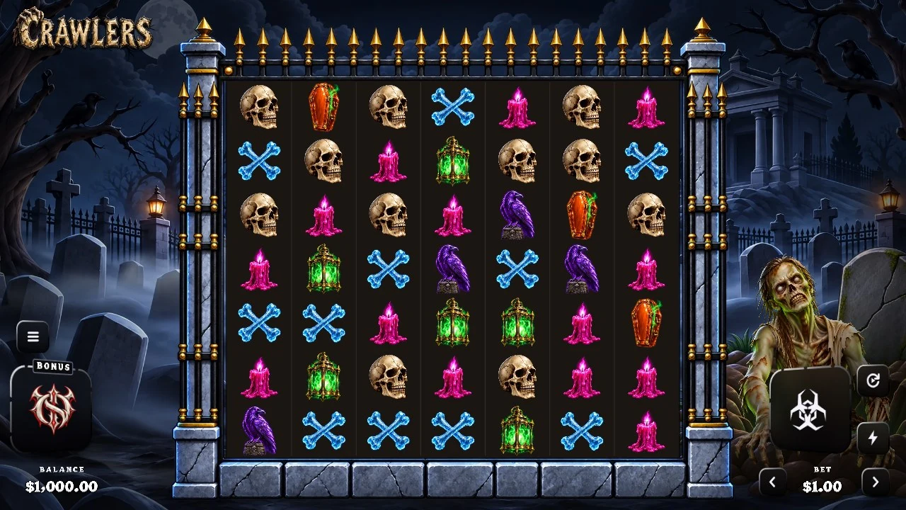 Crawlers being played: a 7 by 7 board of bone and gravestone symbols behind an iron graveyard fence under a full moon, a corpse clawing up at the left, the mausoleum lit at the right
