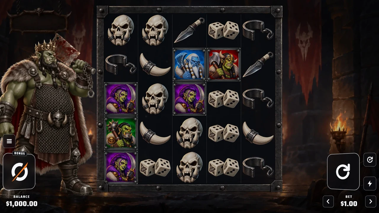 First Game being played: a 5 by 5 board of orc champions and bone symbols in an iron frame, in a torch-lit fighting pit, the orc King with his cleaver beside it