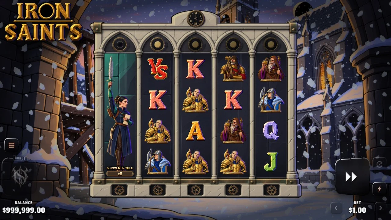 Iron Saints being played: a 5 by 4 board of crystal letters and champion portraits in a limestone clock frame, the Relic-Scrivener standing as a wild in the first bay, a snowy abbey courtyard behind